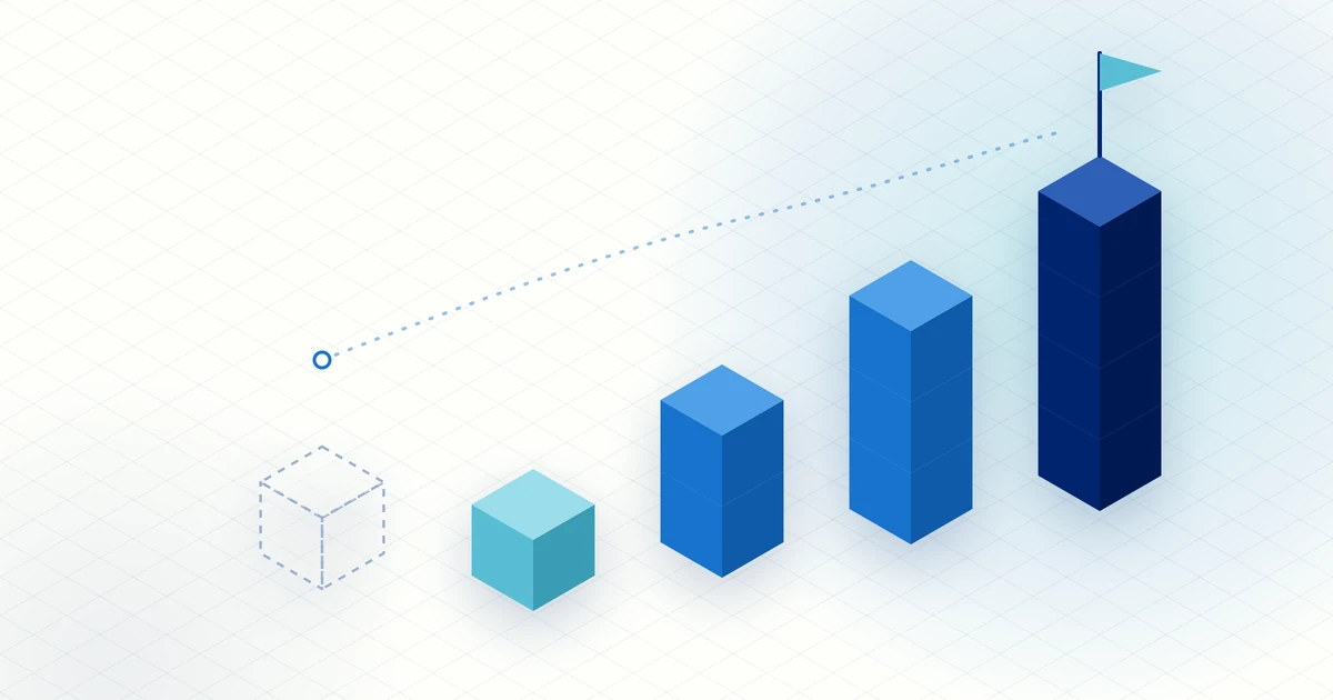 Illustration of isometric blocks rising from an empty outline to a tall stack topped with a flag, representing building demand from zero.